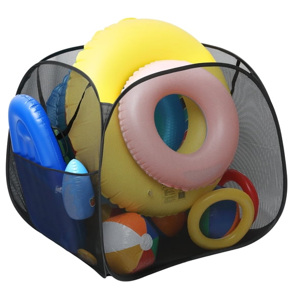 Pop-Up Nylon Mesh Pool Toy Storage Bin with Side Pocket, Quick Drying Foldable Swimming Accessory Organizer for Floats Beach Balls Towels