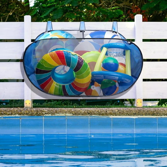 Pop-Up Pool Float Storage Bag, Hanging Mesh Pool Organizer, Foldable Pool Toy Storage Mesh Basket for Floats, Balls, Inflatable Toys and Pool Accessories