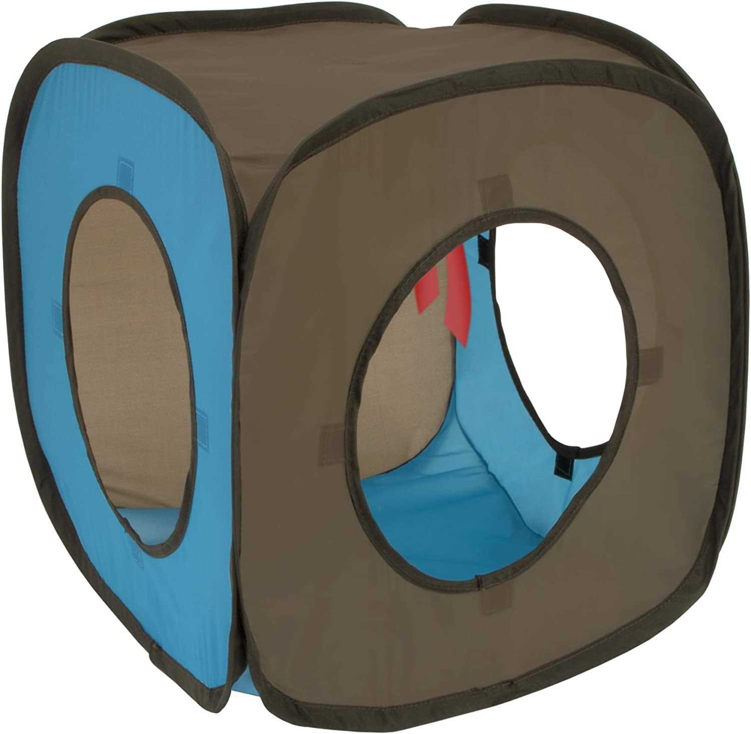 Pop-Up Rolling Cat Cube & Tunnel Toy, Collapsible Indoor Cat Play Cube with Peekaboo Openings & Hanging Tassel, Lightweight Foldable Cat Furniture - Blue/Brown
