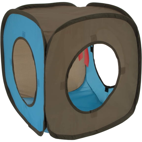 Pop-Up Rolling Cat Cube & Tunnel Toy, Collapsible Indoor Cat Play Cube with Peekaboo Openings & Hanging Tassel, Lightweight Foldable Cat Furniture - Blue/Brown