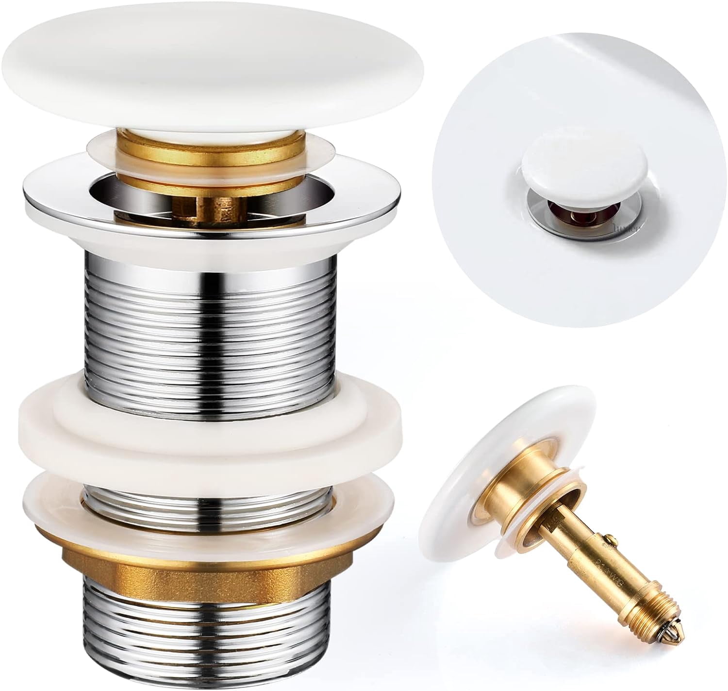 Pop-Up Sink Drain Valve - Ceramic Drain Fitting without Overflow (White ...