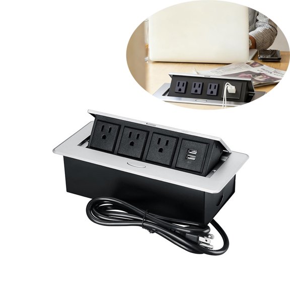 Pop-Up Socket, Embedded Conference Table Socket, With 3 Sockets, 2 USB Ports, Aluminum Alloy Waterproof, For Office, Computer Desk, Conference Room Kitchen Countertop(Silver)