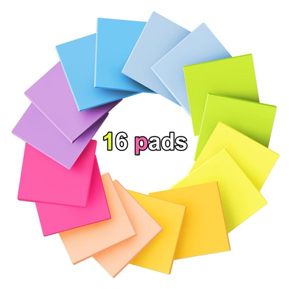 Pop Up Sticky Notes 3x3 in 16 Pack Bright Colors Self-Adhesive Note Pad