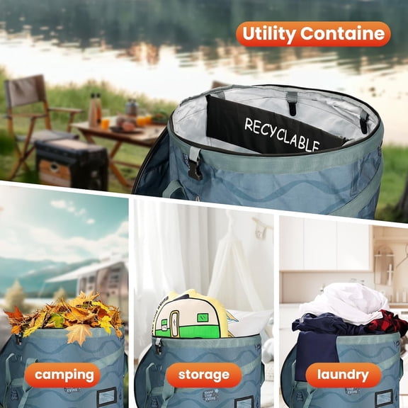 Pop-Up Trash Bin with Removable Divider, Heavy Duty Bottom, Collapsible Storage for Camping, Laundry, Storage and Garden, Waterproof and Tear Resistance Material with Air Vent, Blue