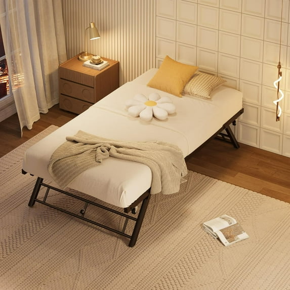 Pop Up Trundle, Twin Trundle Bed Frame Only, Metal Slats Support with Lockable Casters, Stand Up Trundle Day Bed, Brown