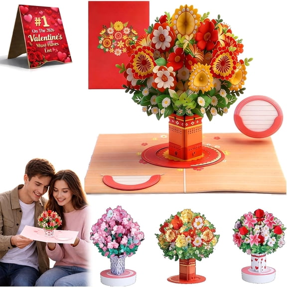 Pop-Up Wildflower Valentine’S Card, Foldable 3D Flower Bouquet Pop Up Card with Note Envelopes-Personalized Love Message & Everlasting Bloom for All Occasion, Birthday, Valentine Day