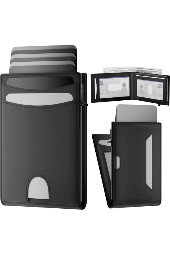 Pop Up Wallet for Men, RFID Blocking Leather Wallet with  Card Holder, Slim Front Pocket Minimalist,  Flap Closure, 2 ID Windows, Up to 14 Cards + 15 Bills,  Box (Black)