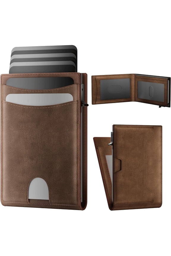 Pop Up Wallet for Men, RFID Blocking Leather Wallet with Card Holder, Slim Front Pocket Minimalist, Flap Closure, 2 ID Windows, Up to 14 Cards + 15 Bills, Box (Brown)