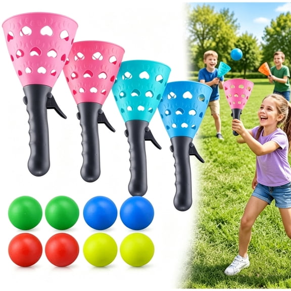 Pop and Catch Ball Game Set with 4 Launchers and 8 Balls Outdoor Backyard Lawn Beach Tossing Toy for Family