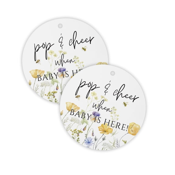 Pop and Cheer When Baby is Here Bees Hang Tag 30pk 2.5 Circle Bee Floral Butterfly Cards Stickers Modern Minimalist Champagne Tags String