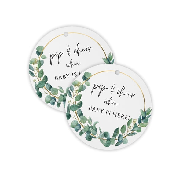 Pop and Cheer When Baby is Here Hang Tag 30pk 2.5 Greenery Eucalyptus Girl Cards Stickers Modern Minimalist Champagne Tags String