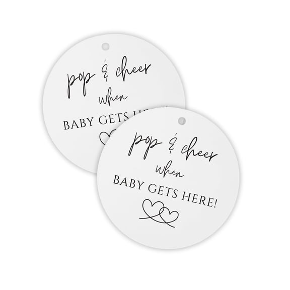 Pop and Cheer When Baby is Here Hang Tag w/Holes 30pk 2.5 Black and White Girl Cards Stickers Modern Minimalist Champagne Tags Ribbon