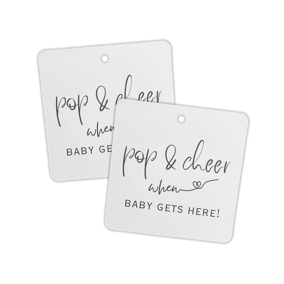 Pop and Cheer When Baby is Here Minimalist Hang Tag 30pk 2.5 Square Black and White Cards Stickers Modern Champagne Tags Baby Shower Favors