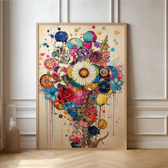 Pop art Flower Bunch: Daisy magnificent, dripping paint, doodle art, graffiti style, Poster Only