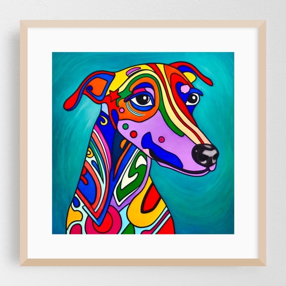 Pop art Greyhound dog - Digital Art Dog Pop Art Modern Art Psychedelic Animal Geometric Oak Framed Wall Art Print 8 x 8 inches