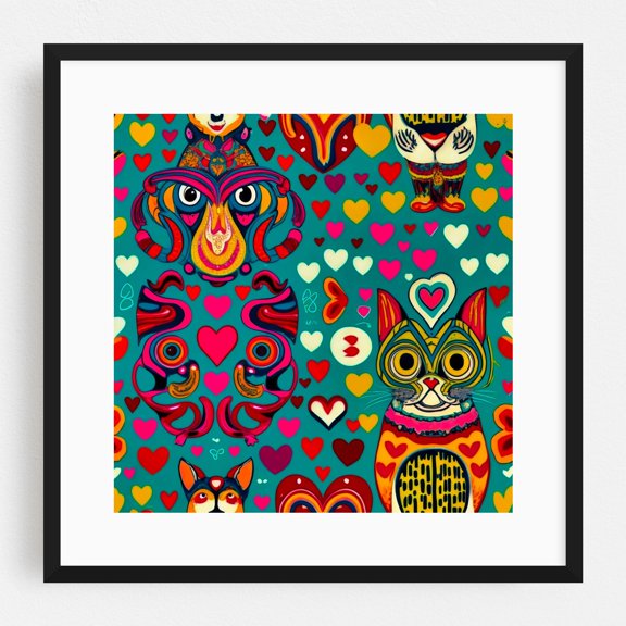 Pop art boho cats - Illustration Psychedelic Surrealism Pop Art Pattern Modern Art Animal Whimsical Black Framed Wall Art Print 10 x 10 inches