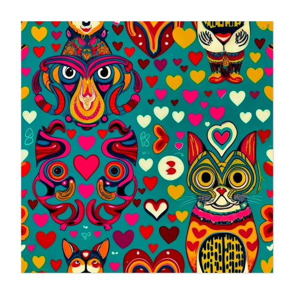 Pop art boho cats - Illustration Psychedelic Surrealism Pop Art Pattern Modern Art Animal Whimsical Unframed Wall Art Print 40 x 40 inches