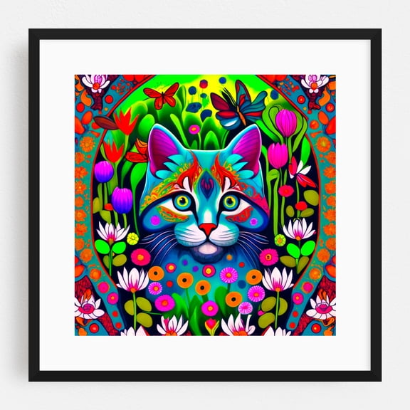 Pop art cat face - Digital Art Psychedelic Cat Floral Surrealism Butterfly Modern Art Whimsical Black Framed Wall Art Print 8 x 8 inches