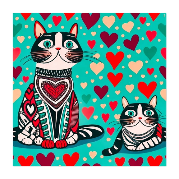 Pop art cats with hearts - Illustration Cat Pop Art Whimsical Pattern Modern Art Animal Unframed Wall Art Print 6 x 6 inches