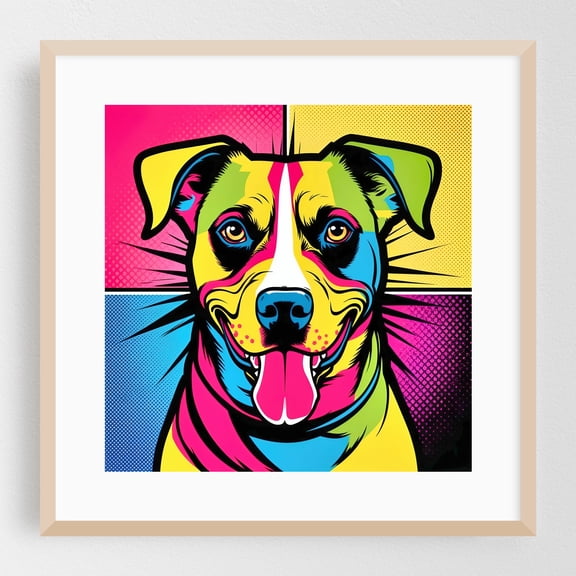 Pop art dog's face - Digital Art Pop Art Dog Modern Art Illustration Animal Geometric Oak Framed Wall Art Print 20 x 20 inches