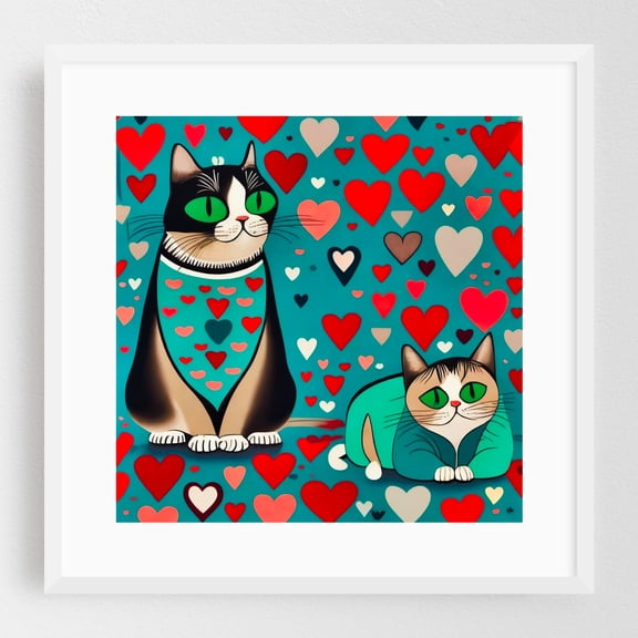 Pop art kitten and cat - Illustration Cat Whimsical Pop Art Modern Art Pattern Animal White Framed Wall Art Print 12 x 12 inches