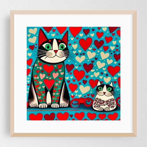 Pop art mom and kitten - Digital Art Cat Animal Pop Art Whimsical Modern Art Pattern Illustration Oak Framed Wall Art Print 8 x 8 inches