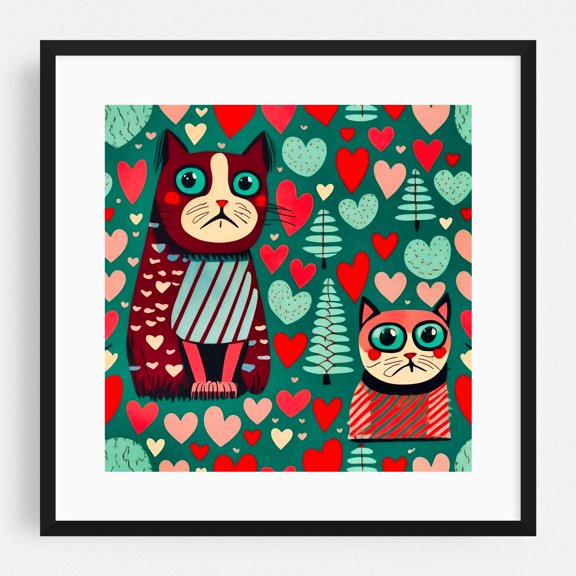Pop art shy cats - Illustration Cat Pattern Whimsical Modern Art Humor Pop Art Black Framed Wall Art Print 20 x 20 inches