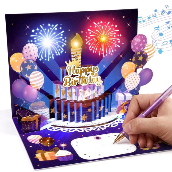 Pop-up Birthday Card with Music and Lights, Blow-out Candle, Fireworks, and Lights Birthday Card for Boys, Girls, Men, and Women