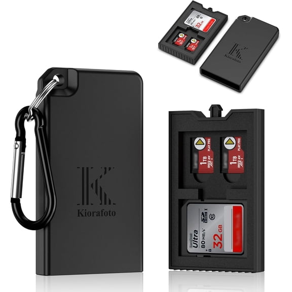 Pop-up Small Memory Card Case Holder for 2 SD SDHC SDXC Cards & 4 TF MicroSD MSD Cards with Carabiner, Portable Anti-Shock Splash-Proof Micro SD Card Case Storage Protector Organizer Keeper Container