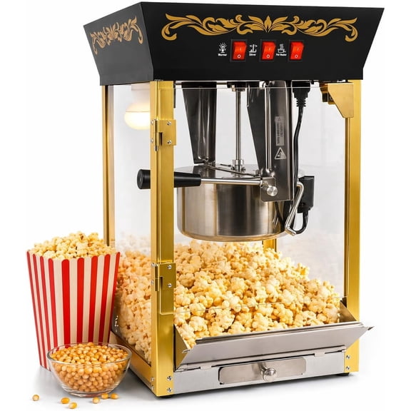 PopBria 12oz Countertop Popcorn Machine, Retro Professional Popcorn Maker, Movie Theater Style Popcorn Machine with Warming Deck, 64-Cup Large Batch for Home Theater and Party (Black and Gold)