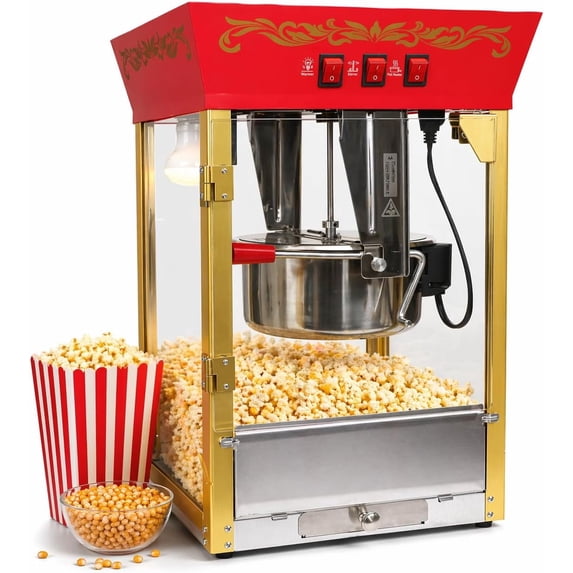 PopBria 12oz Countertop Popcorn Machine, Retro Professional Popcorn Maker, Movie Theater Style Popcorn Machine with Warming Deck, 64-Cup Large Batch for Home Theater and Party (Red and Gold)
