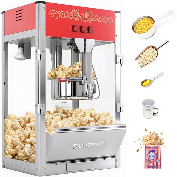 PopBria Commercial Popcorn Machine, Authentic 16oz Kettle Countertop Popcorn Maker with Waming Deck, 1600W Large Popcorn Machine for Restaurant, Concession Stand, Carnival, School, Office, Red