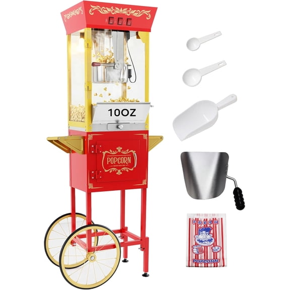 PopBria Popcorn Machine with Cart, Authentic 10oz Movie Theater Style Popcorn Maker with Warming Deck, 850W Vintage Standing Popcorn Machine for Home, Parties, Gift (Red and Gold)