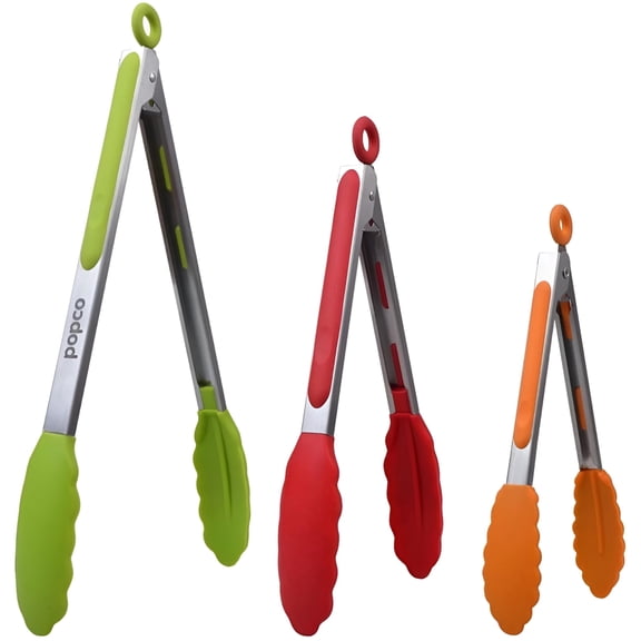 Popco Silicone Tongs for Cooking - Kitchen Tong Set of 3 (7, 9, 12 Inches) - Stainless Steel Tongs with Silicone Tips for Cooking, Grilling, and Serving - Heat-Resistant and Dishwasher Safe