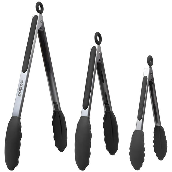 Popco Kitchen Tongs Set - Heavy Duty 3-Piece Cooking Tongs Silicone - Rubber Tong for BBQ, Grilling, and Serving - Kitchen Tong with Silicone Tip - Durable and Heat Resistant - 7/9/12 Inch