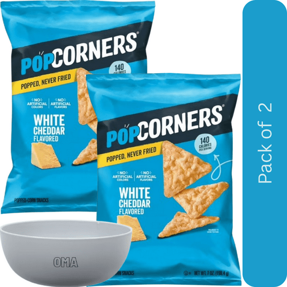 PopCorners White Cheddar Popped Corn Chips, 2 Pack (7 oz Each) with Bowl by OMA