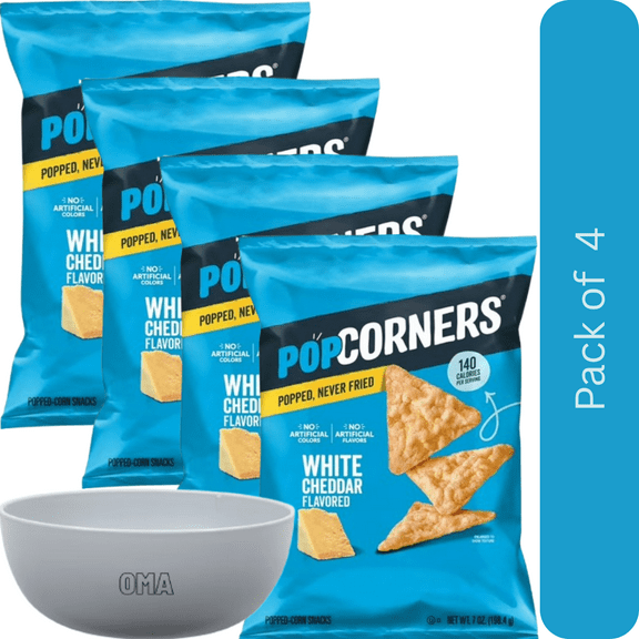 PopCorners White Cheddar Popped Corn Chips, 4 Pack (7 oz Each) with Bowl by OMA