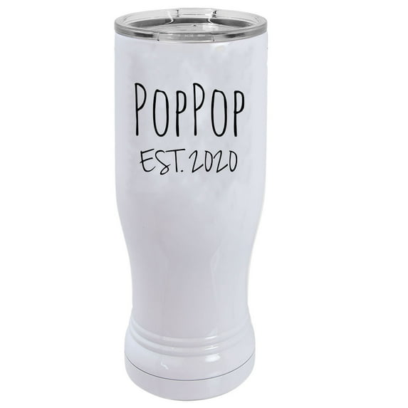 PopPop Est. 2020 Established 14 oz White Stainless Steel Double-Walled Insulated Pilsner Beer Coffee Mug with Clear Lid