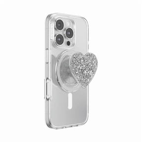 PopSockets Phone Grip for MagSafe, Magnetic Holder, Phone Stand, Silver - Confetti Heart Silver Sizzle