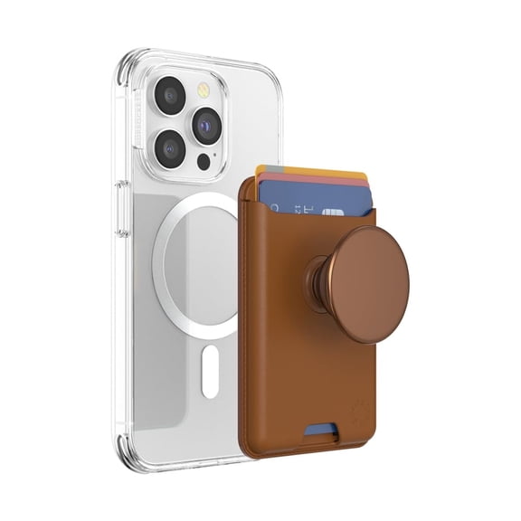 PopSockets Phone Wallet for MagSafe, Phone Card Holder with Grip, Brown - Cognac