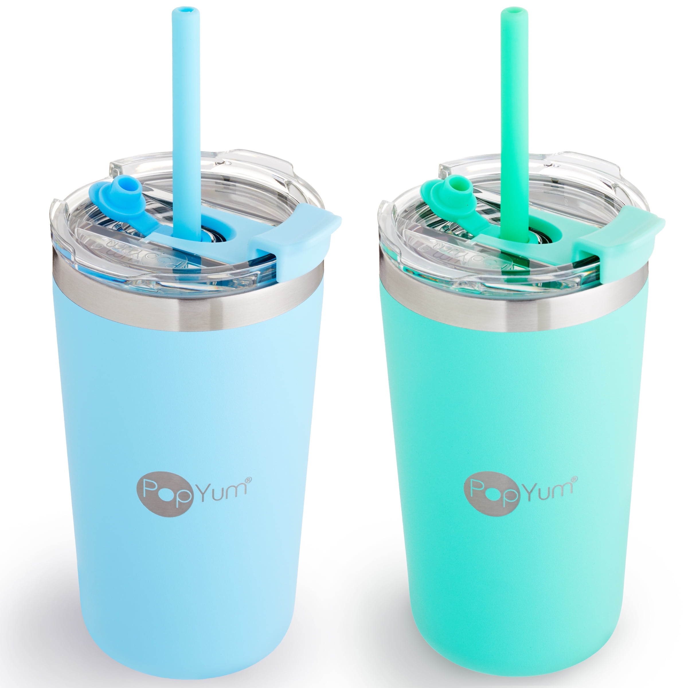 PopYum 13oz Insulated Stainless Steel Kids’ Cups with Lid and Straw, 2-Pack, Blue, Green, stackable, sippy, baby, child, toddler, tumbler, double wall, vacuum, leak proof