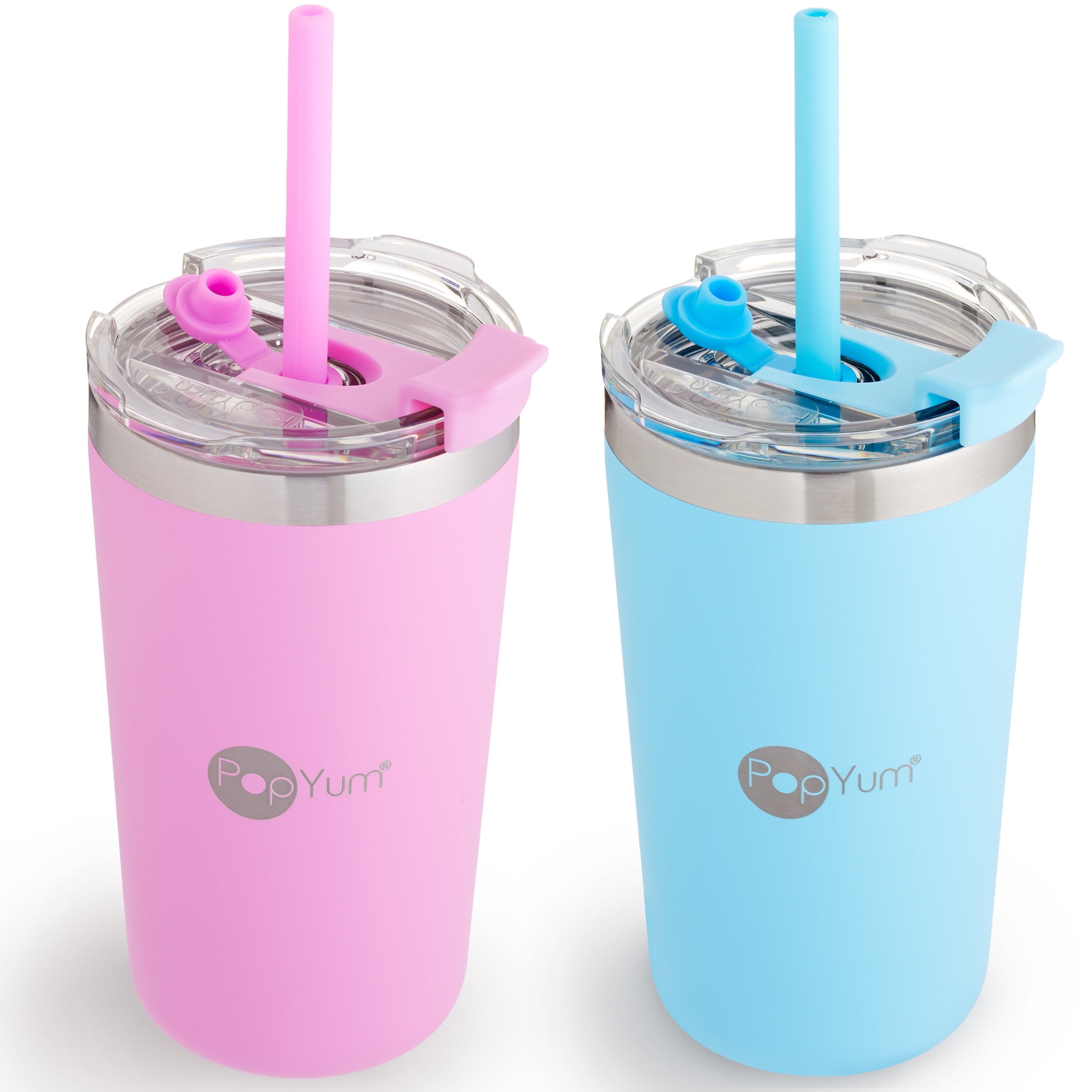 PopYum 13oz Insulated Stainless Steel Kids’ Cups with Lid and Straw, 2-Pack, Blue, Pink, stackable, sippy, baby, child, toddler, tumbler, double wall, vacuum, leak proof