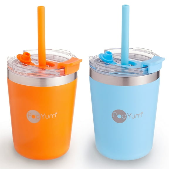 PopYum 9oz Insulated Stainless Steel Kids’ Cups with Lid and Straw, 2-Pack, Orange, Blue