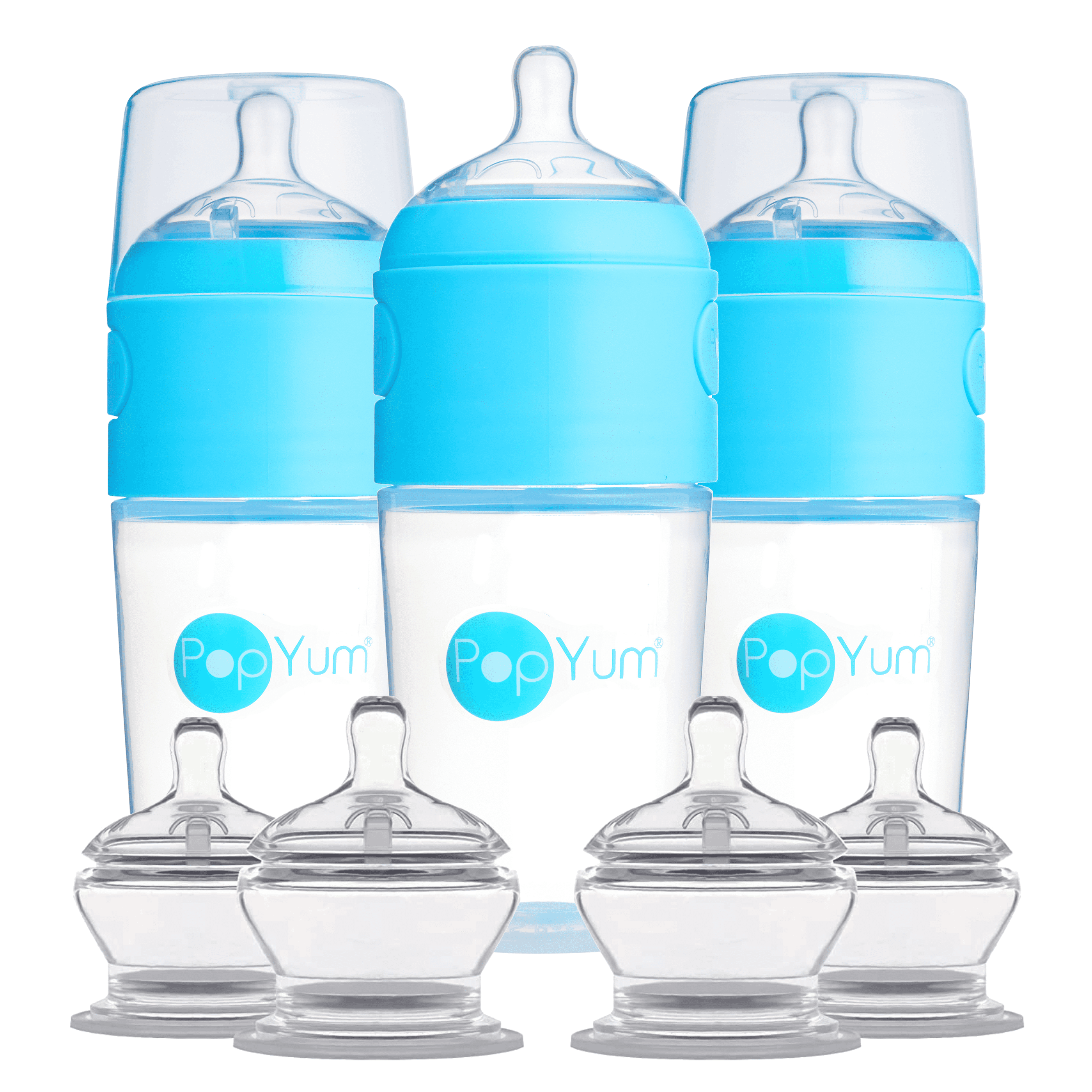 PopYum Blue 9oz Formula Making Baby Bottle + Nipple 7 Piece Bundle