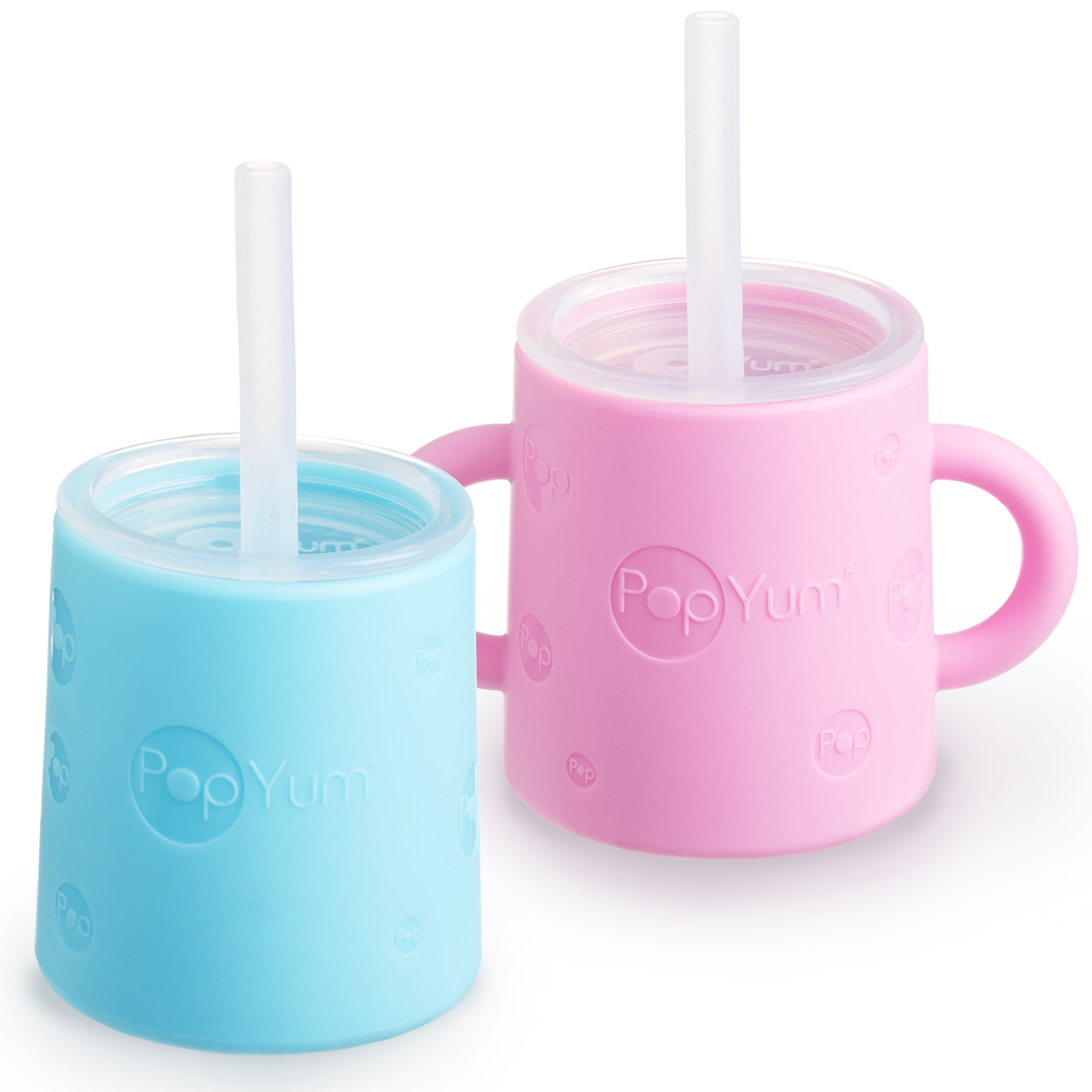PopYum  Silicone Training Cup with Straw and Lid, 2-Pack Pink/Blue