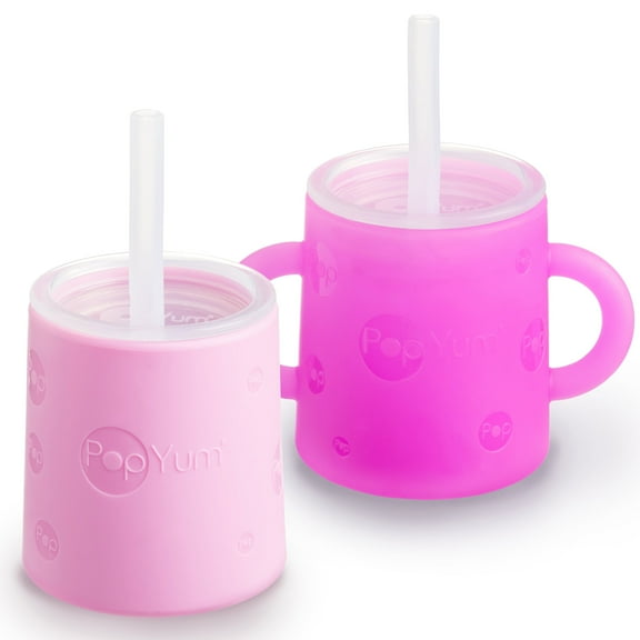 PopYum  Silicone Training Cup with Straw and Lid, 2-Pack Pink/Purple
