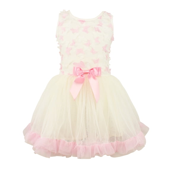 Popatu Little Girl Sleeveless 3D Butterflies Tutu Dress, White Tulle with Ruffles (Sizes XS to L)
