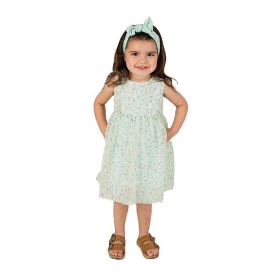 Popatu Little Girl's Mint Floral Embroidered Elegant Dress- Size 2