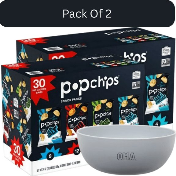 Popchips Assorted Chips Variety Pack, Single Serve Bags, 0.8 oz., 30 ct. With White Bowl By OMA