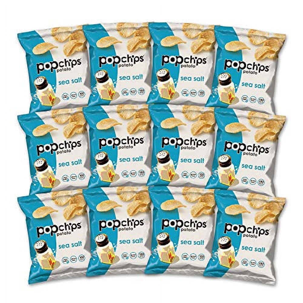Popchips Potato Chips, Sea Salt, 12ct Single Serve 0.8oz Bags, Low-Calorie and Gluten Free, Healthy Snacks for Adults and Children, Non-GMO, Vegan & Kosher Friendly, 100 Calories Per Bag